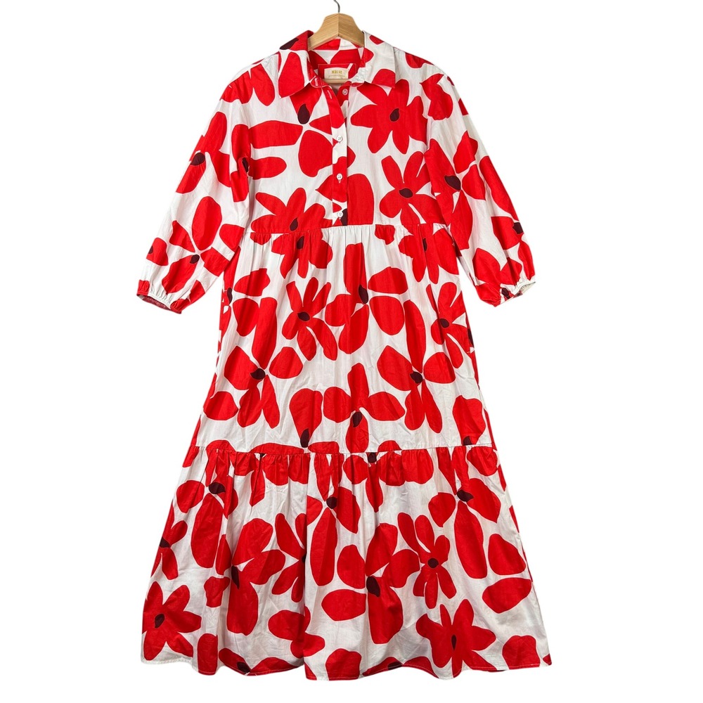 Maeve Anthropologie Red White Floral Tiered Midi Shirt Dress XS Cotton OBI671633